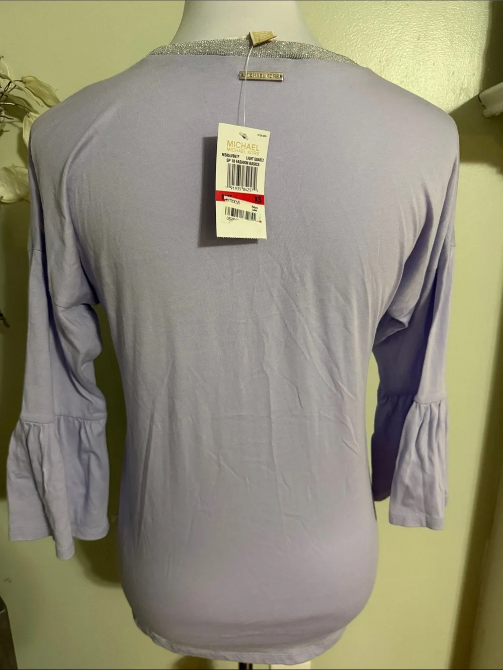 Michael Kors Lavender Ruffle-Sleeve Top with Silver Neckline